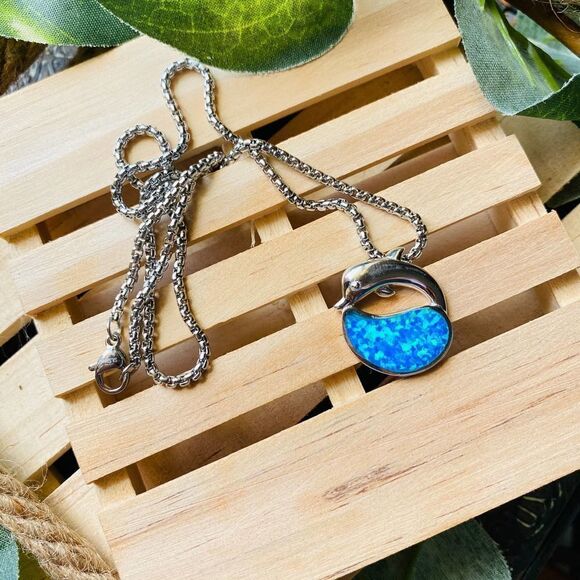 Dolphin Blue Opal Sterling Silver Pendant - Picture 4 of 4